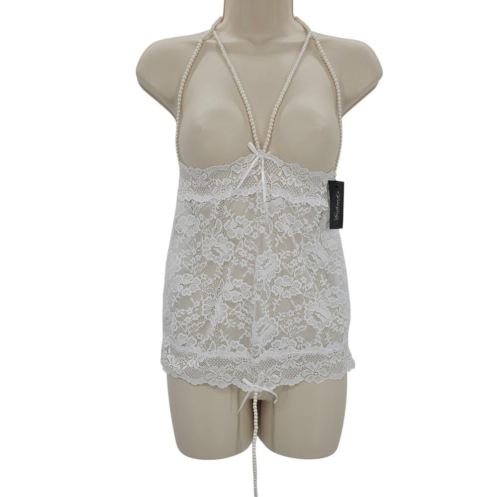 Fredericks of Hollywood size XL Tatiana Lace Pearl Teddy Open Cups White NEW